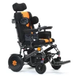 Side view of Bangeran Pegasus Cerebral Palsy power wheelchair with padded seat and leg support.