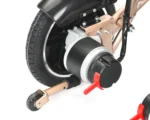 Close up of motor and freewheel lever on Bangeran Pegasus Cerebral Palsy wheelchair rear wheel.