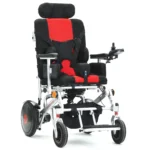 Bangeran Pegasus Cerebral Palsy power wheelchair with silver frame, black and red padded seat, headrest, and joystick control.