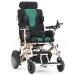 Bangeran Pegasus Cerebral Palsy electric wheelchair with gold frame, black and green padded seat, headrest, and joystick control.