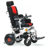 Silver frame Bangeran Pegasus Cerebral Palsy power wheelchair with black and red seat and joystick controller.