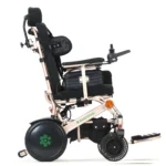 Bangeran Pegasus Cerebral Palsy wheelchair with black seat, side view showing footrest and joystick.