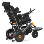 Rear side view of Bangeran Pegasus Cerebral Palsy electric wheelchair with black and orange seat and large wheels.