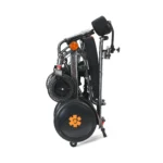 Folded Bangeran Pegasus Cerebral Palsy wheelchair standing upright for easy storage.