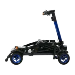 Forcemech Traveler Lightweight Folding Mobility Scooter in blue shown folded flat from the side with compact wheels and a slim frame.