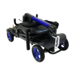 Forcemech Traveler Lightweight Folding Mobility Scooter in blue shown folded with the front light and handlebars resting on the frame.