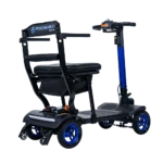 Forcemech Traveler Lightweight Folding Mobility Scooter in blue shown from the back with a simple seat and storage bag under it.