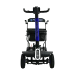 Forcemech Traveler Lightweight Folding Mobility Scooter in blue shown from the front with a bright headlight and standing upright.