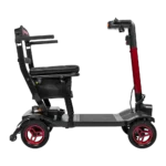 Forcemech Traveler Lightweight Folding Mobility Scooter in red shown from the side with a padded seat and upright tiller.