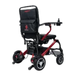 Forcemech Carbon F1 Lightweight Folding Power Wheelchair in red shown from the back with a black storage bag and sturdy rear wheels.