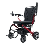 Forcemech Carbon F1 Lightweight Folding Power Wheelchair in red shown from the front side with a padded seat and joystick control.