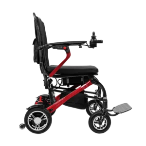 Forcemech Carbon F1 Lightweight Folding Power Wheelchair in red shown from the side with the joystick on the armrest.