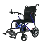 Forcemech Ultralite G10 Lightweight Folding Electric Wheelchair in blue shown from an angled front view with a padded seat and joystick control.