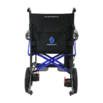 Forcemech Ultralite G10 Lightweight Folding Electric Wheelchair shown from the back with a black bag and blue cross frame.
