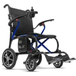 Forcemech Ultralite G10 Lightweight Folding Electric Wheelchair in blue shown from the side with large wheels and a slim frame.
