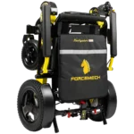 Forcemech Navigator Pro Heavy-Duty Foldable Electric Wheelchair folded into a compact shape with a black storage bag on the back.