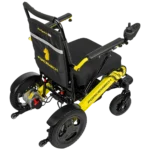 Forcemech Navigator Pro Heavy-Duty Foldable Electric Wheelchair in yellow shown from the back with a black storage bag and joystick arm.