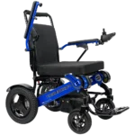 Forcemech Navigator Pro Heavy-Duty Foldable Electric Wheelchair in blue shown from an angle with a wide seat and joystick control.