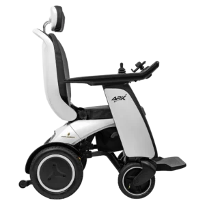 Side view of a white Forcemech ARK mobility scooter with a tall backrest and simple arm controls.