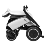 Folded white Forcemech ARK mobility scooter shown from the side to display its compact design.