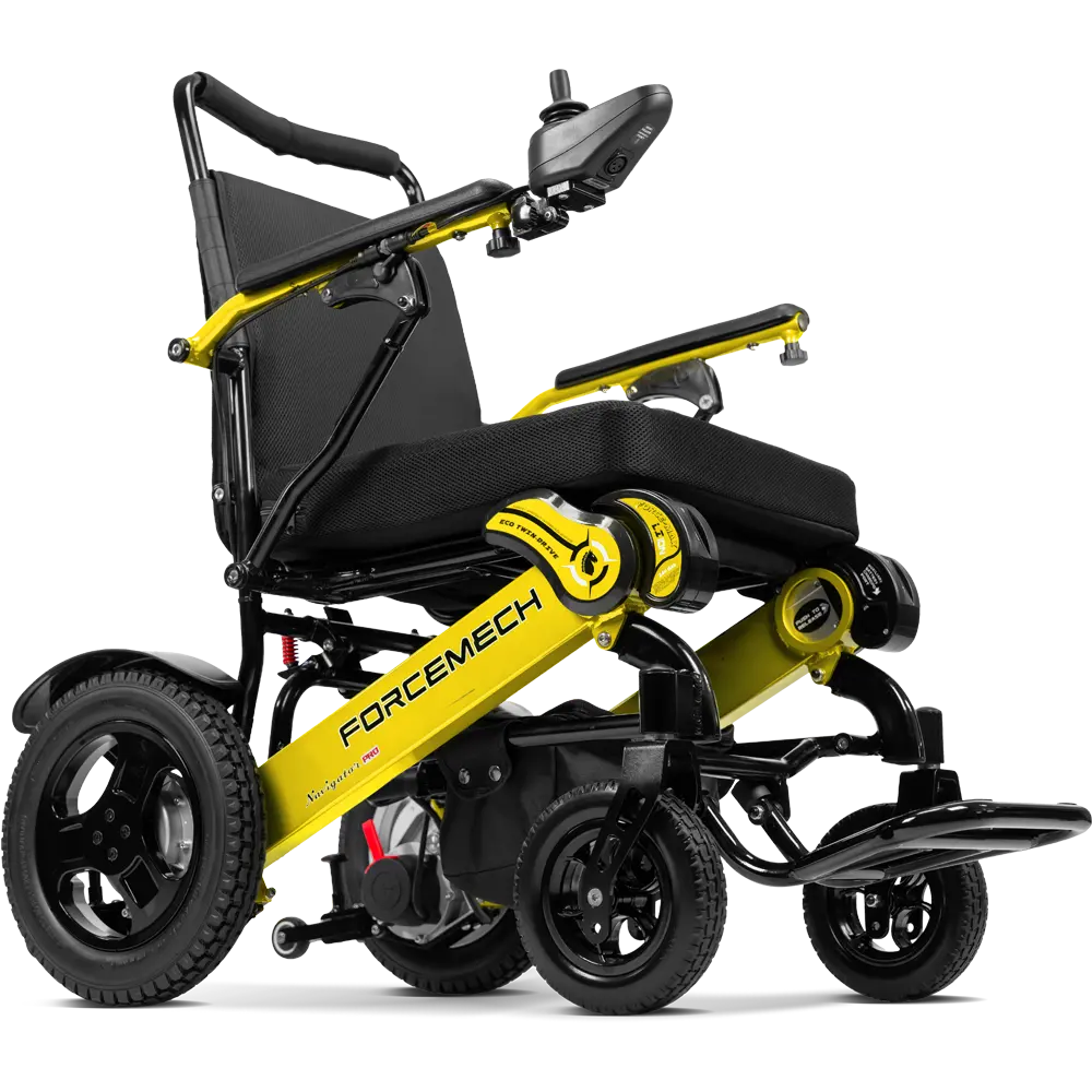 Forcemech Navigator Pro Heavy-Duty Foldable Electric Wheelchair in yellow shown from an angled view with a thick seat and sturdy frame.