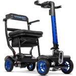 Forcemech Traveler Lightweight Folding Mobility Scooter in blue shown from an angled front view with a padded seat and sturdy wheels.