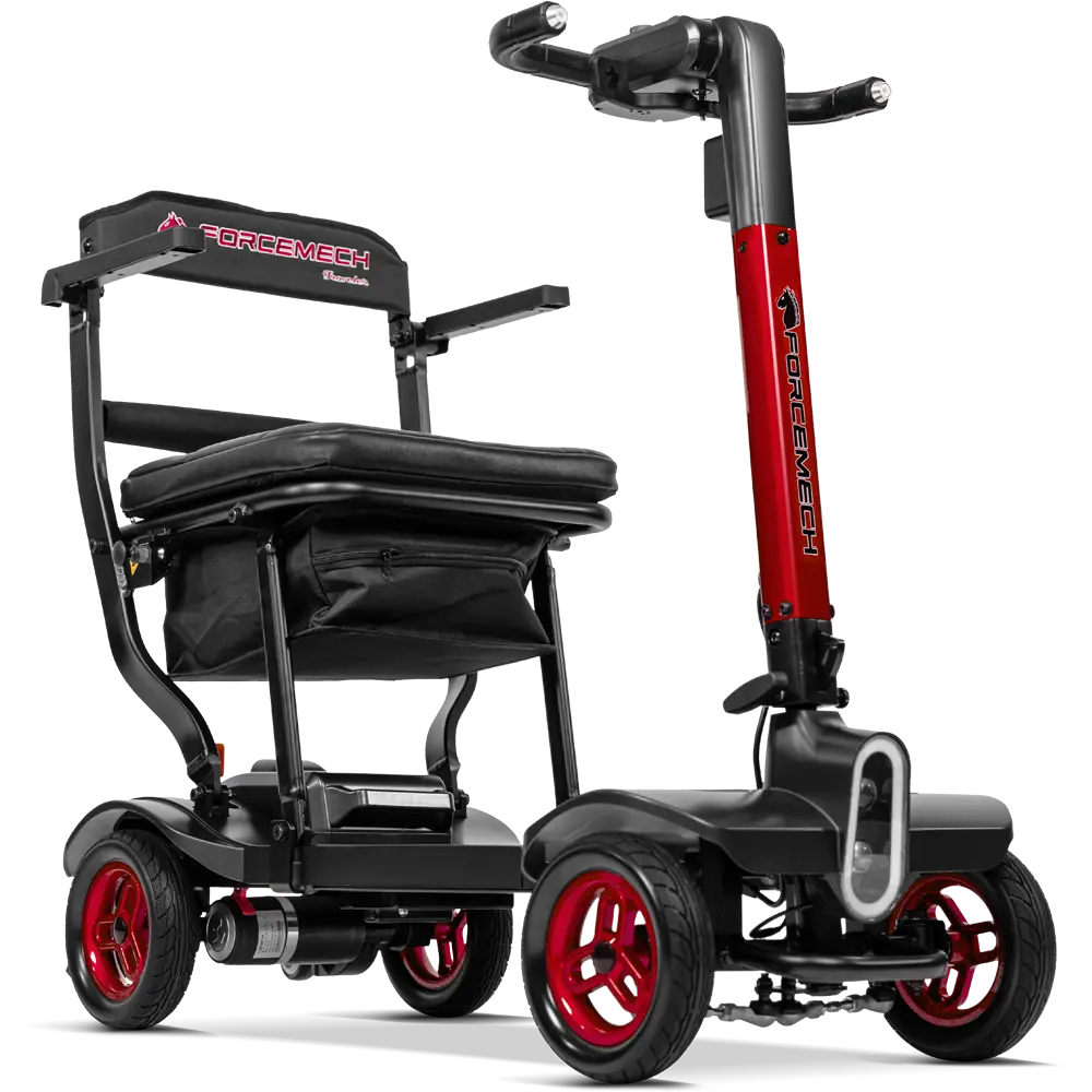 Forcemech Traveler Lightweight Folding Mobility Scooter in red shown from an angled front view with a padded seat and sturdy wheels.