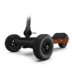 Rear angle view of CycleBoard Rover three wheel electric scooter showing mixed terrain tires
