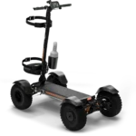 Rear angle view of CycleBoard X Quad 3000 electric golf scooter with golf rack