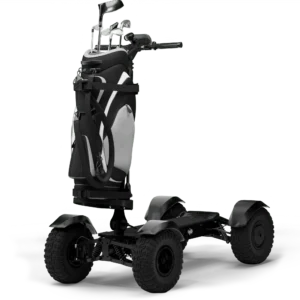 Front angle view of Stealth CycleBoard X Quad 3000 electric golf scooter with golf bag mount