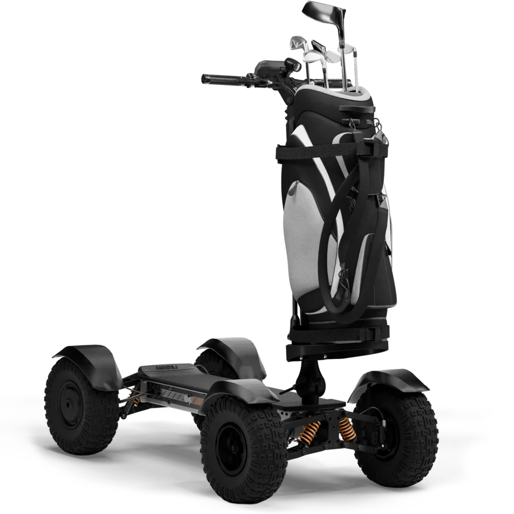 Front angle view of Gray CycleBoard X Quad 3000 electric golf scooter with golf bag mount